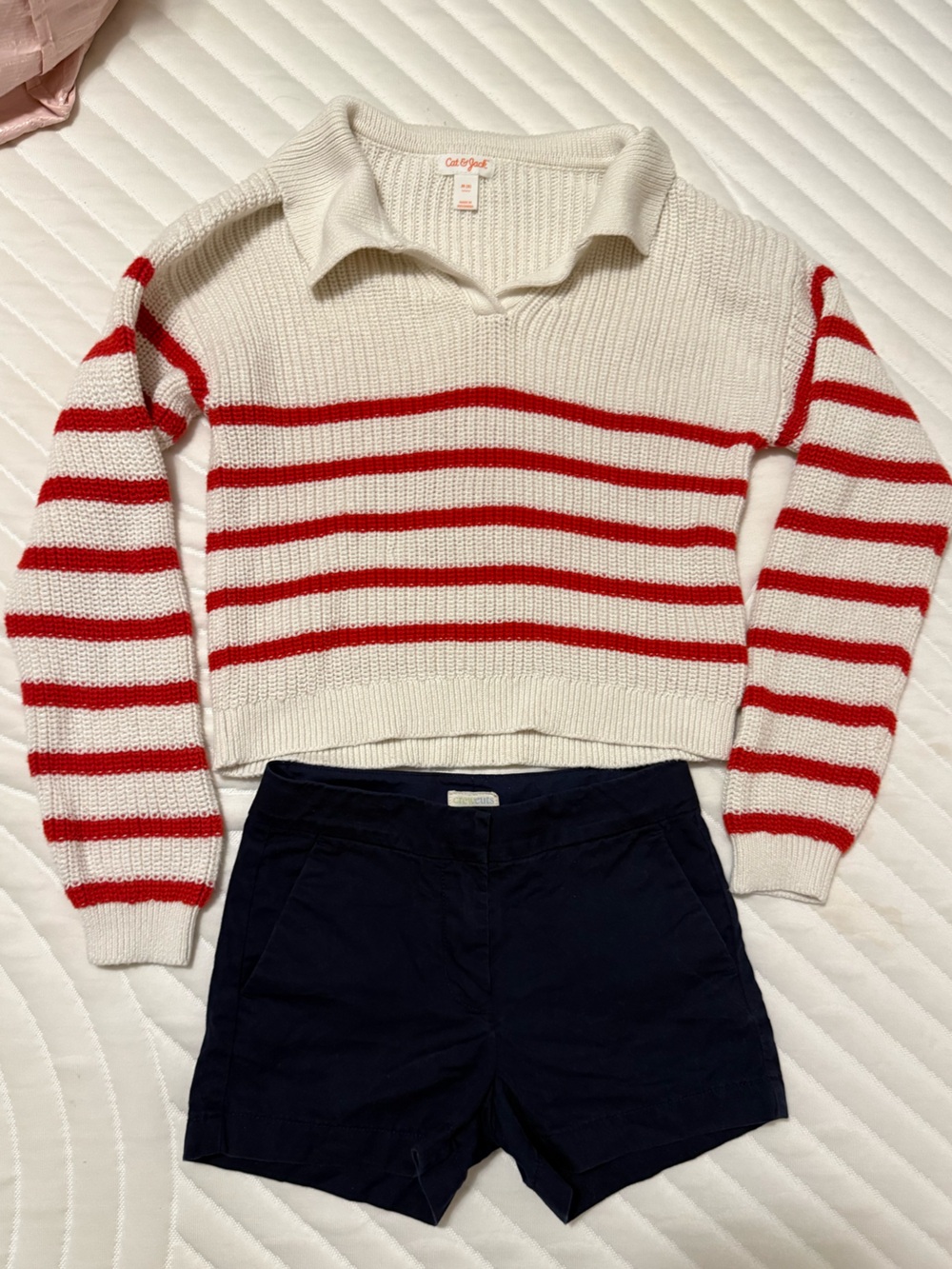 Crewcuts Navy Flat Front Shorts w/Striped Knit Polo Prep Sweater NWOT Girls Sz 8